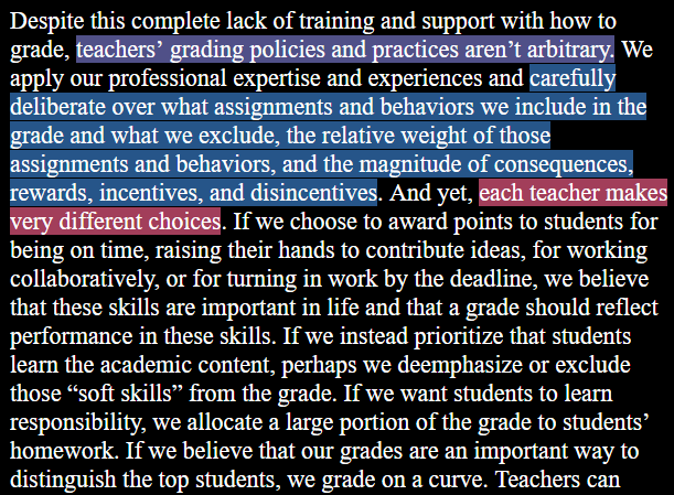Despite this complete lack of training and support with how to grade, teachers’ grading policies and practices aren’t arbitrary. We apply our professional expertise and experiences and carefully deliberate over what assignments and behaviors we include in the grade and what we exclude, the relative weight of those assignments and behaviors, and the magnitude of consequences, rewards, incentives, and disincentives. And yet, each teacher makes very different choices. If we choose to award points to students for being on time, raising their hands to contribute ideas, for working collaboratively, or for turning in work by the deadline, we believe that these skills are important in life and that a grade should reflect performance in these skills. If we instead prioritize that students learn the academic content, perhaps we deemphasize or exclude those “soft skills” from the grade. If we want students to learn responsibility, we allocate a large portion of the grade to students' homework. If we believe that our grades are an important way to distinguish the top students, we grade on a curve.