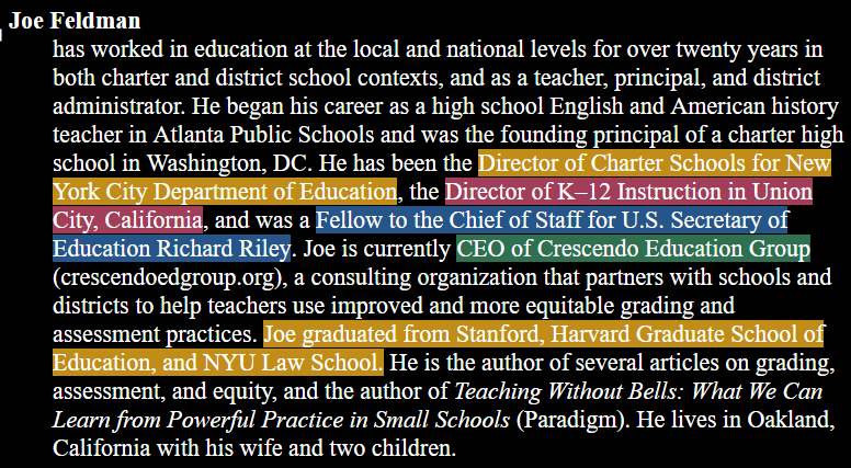 Joe Feldman has worked in education at the local and national levels for over twenty years in both charter and district school contexts, and as a teacher, principal, and district administrator. He began his career as a high school English and American history teacher in Atlanta Public Schools and was the founding principal of a charter high school in Washington, DC. He has been the Director of Charter Schools for New York City Department of Education, the Director of K-12 Instruction in Union City, California, and was a Fellow to the Chief of Staff for U.S. Secretary of Education Richard Riley. Joe is currently CEO of Crescendo Education Group (crescendoedgroup.org), a consulting organization that partners with schools and districts to help teachers use improved and more equitable grading and assessment practices. Joe graduated from Stanford, Harvard Graduate School of Education; and NYU Law School. He is the author of several articles on grading, assessment, and equity, and the author of Teaching Without Bells: What We Can Learn from Powerful Practice in Small Schools (Paradigm). He lives in Oakland, California with his wife and two children. 