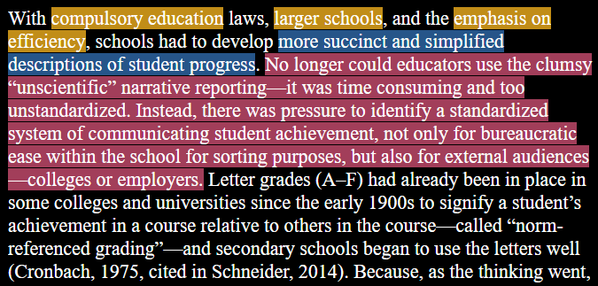 With compulsory education laws, larger schools, and the emphasis on efficiency, schools had to develop more succinct and simplified descriptions of student progress. No longer could educators use the clumsy “unscientific” narrative reporting—it was time consuming and too unstandardized. Instead, there was pressure to identify a standardized system of communicating student achievement, not only for bureaucratic ease within the school for sorting purposes, but also for external audiences—colleges or employers. Letter grades (A-F) had already been in place in some colleges and universities since the early 1900s to signify a student’s achievement in a course relative to others in the course—called “norm-referenced grading”—and secondary schools began to use the letters well (Cronbach, 1975, cited in Schneider, 2014).