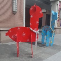 Another view of the temporary statues of winter and Valentine's Day alpaca. One is red (Valentine's Day) and blue (winter).