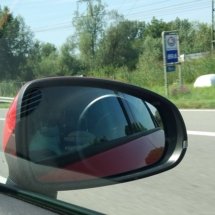 A picture of a car mirror from the passenger seat where you can see a brown and white kitten's face reflected in it.